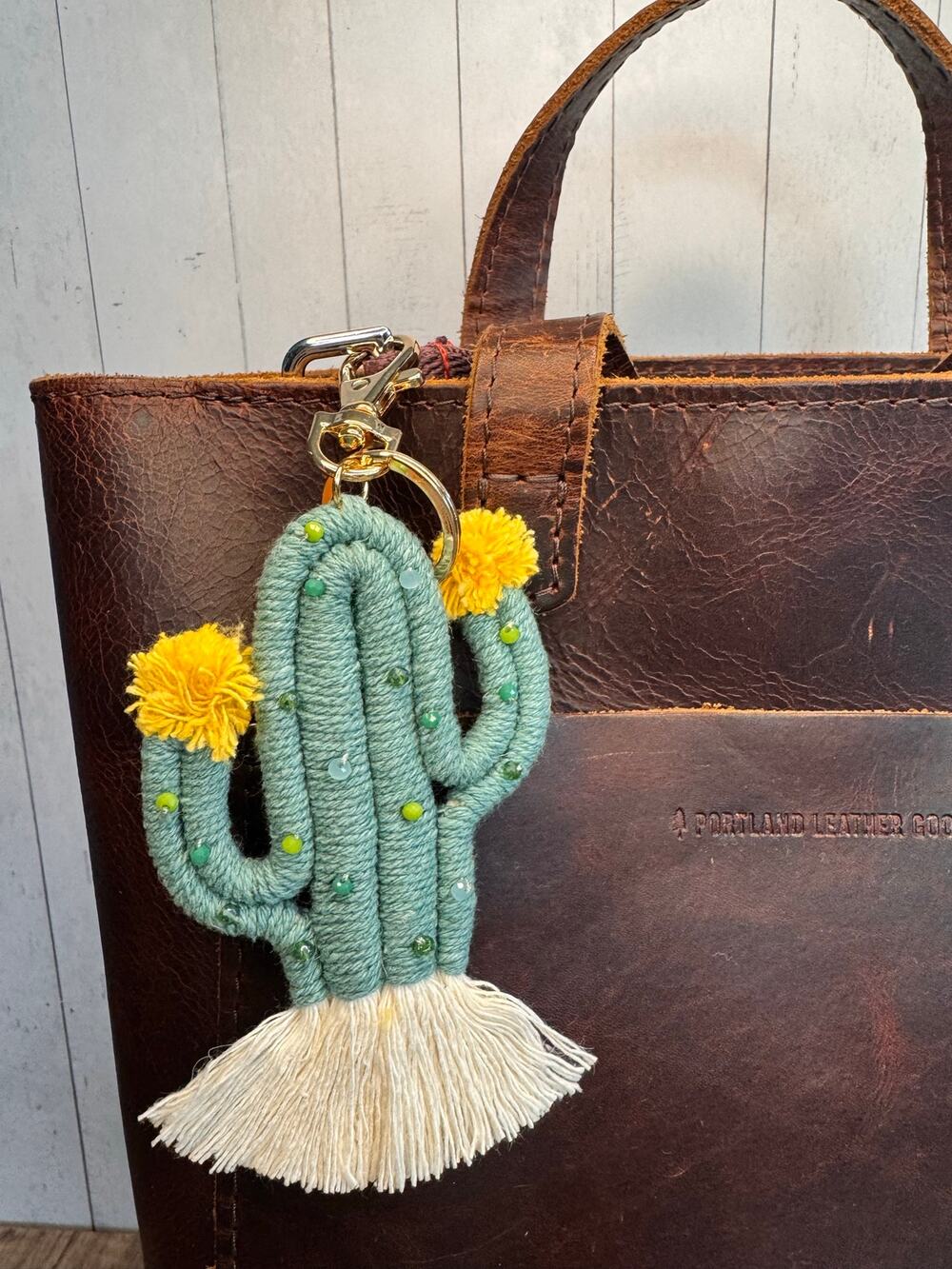 Beaded Cactus Macrame Keychain Purse Charm Boho Green Keychain Yellow Pom Charm